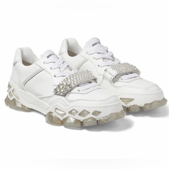 Jimmy Choo Shoes - Women's Jimmy Choo Diamond X Crystal White Calf Leather Sneakers